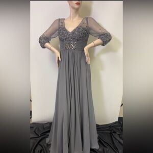 Montage by Mon Cheri beaded 3/4 sleeves V-Neck long gown